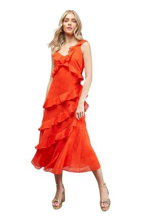 Oasis Dobby Ruffle V-Neck Tiered Midi Dress in Orange at Nordstrom, Size 8