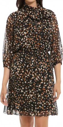 London Times Leaf Printed Lurex Dress In Black/taupe
