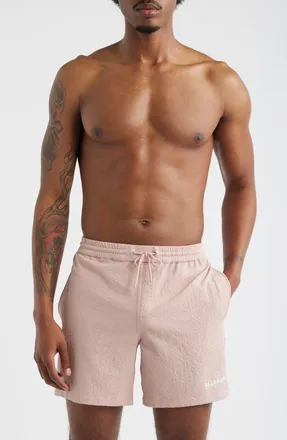 AllSaints Emblem Swim Trunks in Sunbaked Pink at Nordstrom, Size Xx-Large