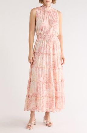 Halogen High Neck Tiered Maxi Dress in Pink Multi at Nordstrom Rack, Size X-Small