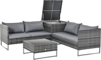 OUTSUNNY Conjunto De 4 Muebles De Jard&iacute;n De Rat&aacute;n Con 2 Sof&aacute;s Dobles Mesa Central Mesa Con Arc&oacute;n Cojines Extra&iacute;bles Para Terraza Exterior 132x69x64 Cm Gris