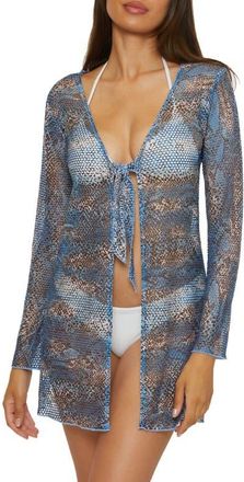 BECCA by Rebecca Virtue Tie Front Long Sleeve Sheer Mesh Cover-Up in Untamed at Nordstrom, Size Medium