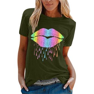 Generic Pride Month Gay Pride Rainbow Heart Shirt LGBT Pride Month T-Shirt Lesbian Round Neck Short Sleeve Rainbow Top for Women
