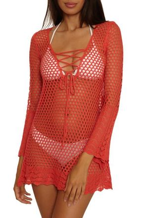 BECCA by Rebecca Virtue Treasure Island Long Sleeve Reversible Open Knit Cover-Up Tunic in Caliente at Nordstrom, Size Medium