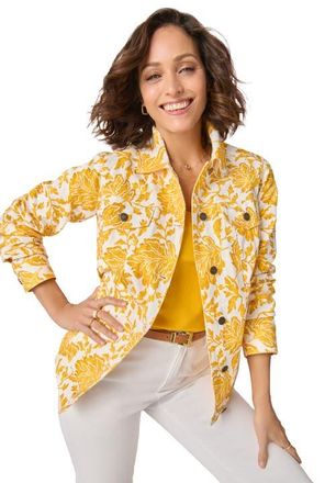 Jessica London Classic Cotton Denim Jacket in Golden Floral Tapestry at Nordstrom, Size 32