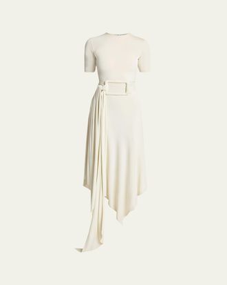 Alaia Asymmetric Fluid Jersey Belted Midi Dress
