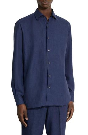 Ermenegildo Zegna Oasi Linen Button-Up Shirt in Navy at Nordstrom, Size Xx-Large