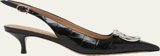 Ferragamo 40mm Sara Croc-Embossed Leather Slingback Pumps