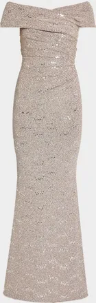 Talbot Runhof Crisscross Off-The-Shoulder Shimmering Jersey Gown