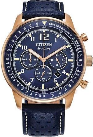 Citizen Eco-Drive Leather Strap Chronograph Watch, 44mm in Blue at Nordstrom Rack