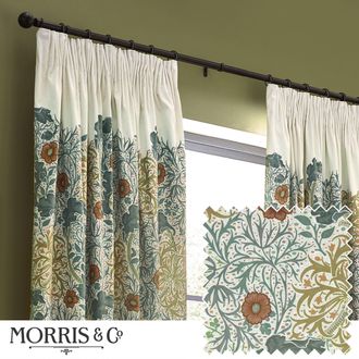 Morris & Co. Seaweed Printed Velvet Room Darkening Pencil Pleat Curtains in Stone | Size: 228 cm width x 137 cm drop