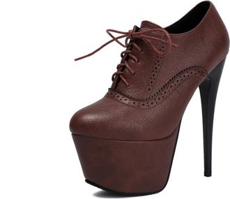 Generic Womens Lace-Up Stiletto Platform Oxfords Brogued Perforation Round Toe High Heels Classic Laces Smooth Upper Stable Durable Sole Shoes,Brown,4.5 UK