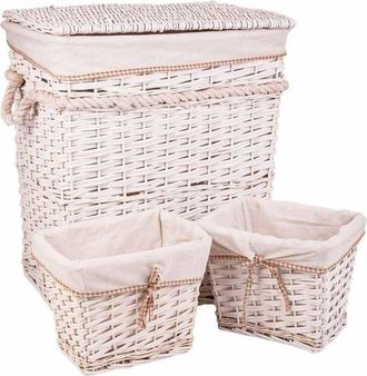 Wanderlust Deco Wanderlust Deco - Set Cesto De Ropa Y Dos Cestos De Mimbre Forrados Blancos