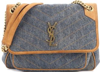 Saint Laurent Blue Matelasse Chevron Denim & Suede Niki Chain Flap Bag Medium (Authentic Pre-Loved)