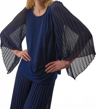 Joseph Ribkoff Scoop Neck Long Pleated Sleeves Top In Midnight Blue