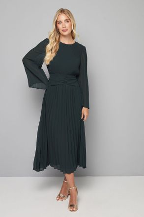 Wallis Womens Petite Pleated Flare Sleeve Waist Detail Midi Dress - Green - Size 18 UK