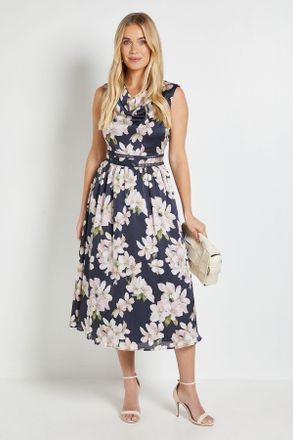 Wallis Womens PETITE CREPE COWL PLEATED MIDI DRESS - Navy - Size 20 UK