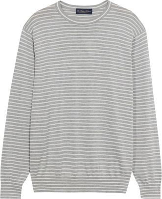 Brooks Brothers Gestreept katoen-zijde-linnen shirt met ronde hals - Heren - Ronde hals truien - Grijs - L - Katoen - Truien & Vesten