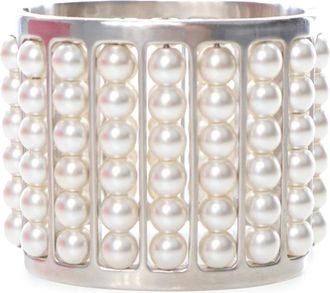 Chanel Silver Plated Wide Faux Pearl Cuff Bracelet