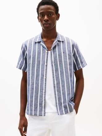 Tommy Hilfiger Kurzarmhemd TOMMY HILFIGER LINEN BLEND STRIPED SS Regular Fit SHIRT, Herren, Gr. M, N-Gr, blau (preppy navy, stripe), Web, Obermaterial: 52% Baumwolle