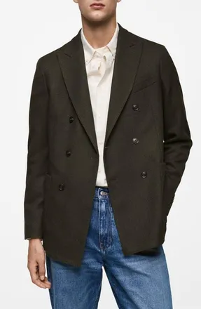 Mango Slim Fit Herringbone Double Breasted Blazer in Green at Nordstrom, Size 38