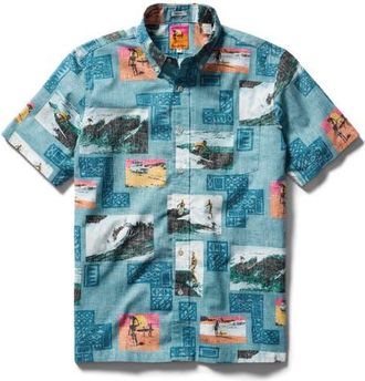 Reyn Spooner The Endless Summer 60th Commemorative Short Sleeve Cotton Blend Button-Down Shirt in Adriatic Blue at Nordstrom, Size Xx-Large