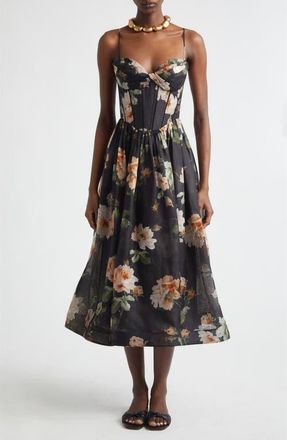 Zimmermann Kindred Spirit Luna Linen & Silk Organza Corset Midi Dress in Black Rose at Nordstrom, Size 2