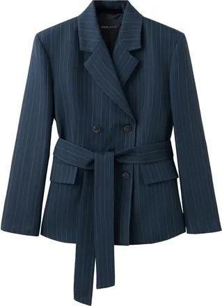 Mango Belted Pinstripe Jacket in Navy at Nordstrom, Size X-Large