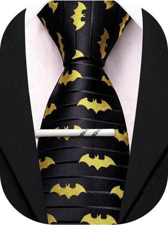 Barry.Wang Silk Ties for Men Fun Necktie and Tie Clip Set for Wedding Party Business Formal Extra Long, Bat Black Yellow, One Size