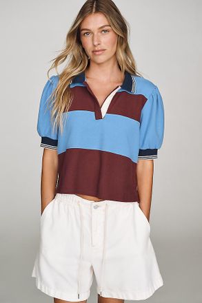 Maeve Color-Block Puff-Sleeve Cotton Rugby Top