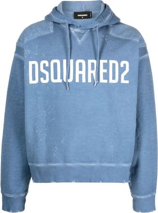 Dsquared2 logo-print distressed hoodie - men - Cotton - S - Blue