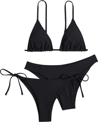 Generic Womens 3 Pcs Solid Backless Bikini Set Summer Holiday Swimsuits Low Waisted Beach Bathing Suit Gathering Padded V-Neck Bra with Briefs and Tie Sides T