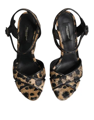 Dolce & Gabbana Womens Brown Leopard Wedges Ankle Strap Sandals Shoes Black And