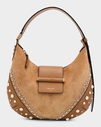 Jimmy Choo London Bar Studded Small Suede & Leather Hobo Bag