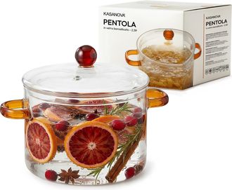 KASANOVA Pentola 2,5 L vetro borosilicato con coperchio manici ambra