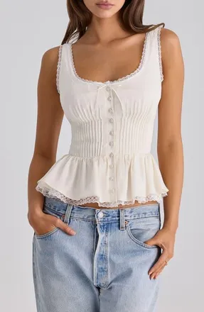 House of CB Effie Lace Trim Button-Up Dress in White at Nordstrom, Size X-Large