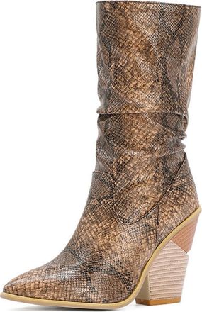 Generic Womens Pull on Slouchy Short Boots High Heeled Mid-Calf Boots Pointed Toe PU Leather Western Boot,Brown,5.5 UK