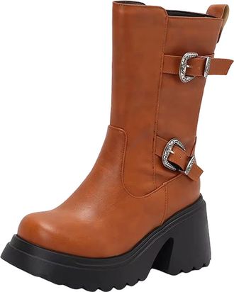 Generic Womens Retro Casual Mid Calf Boots Round Toe Super High Block Heel Platform With Side Zipper And Metal Decor