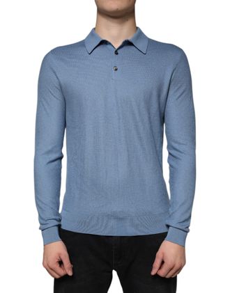 Dolce & Gabbana Mens Knitted Polo Shirt Long Sleeve - Light Blue Silk - Size EU 48 (Mens)