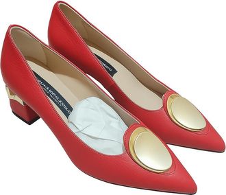 Generic Red Pointed Toe Pumps with Gold Circle Detail, Block Heel Dress Shoes for Women