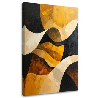Feeby Cuadro En Lienzo, Abstracci&oacute;n L&iacute;neas Ondas Amarillo Negro Dorado, 80x120