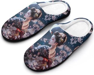 Generic Geisha Moon Flowers Crane Cotton Slipper for Women Indoor Outdoor House Shoes Anti-Skid Slippers with Rubber Sole