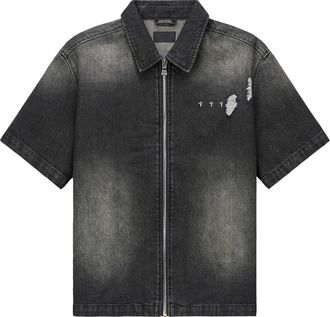 Rta Zeno Distressed Short Sleeve Denim Zip Shirt in Fray Noir at Nordstrom, Size Xxx-Large