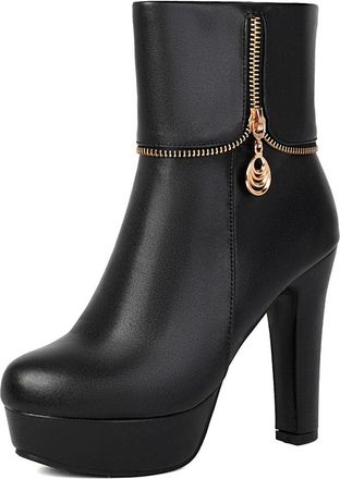 Generic Womens Round Toe Short Boots with Side Zipper PU Leather Winter Ankle Boots Block High Heel Platform Boot,Black,7.5 UK