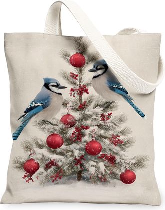 Generic Christmas Birds Canvas Tote Bags, Elegant Tree Pattern Reusable Bags, Winter Vintage Lightweight Washable Canvas for Outdoo, White, 13x15 Inch