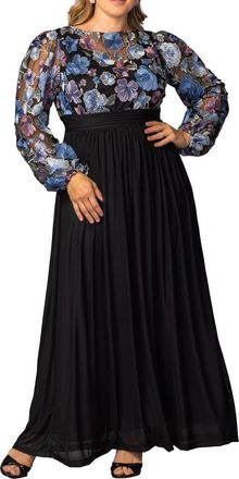 Kiyonna Floral Embroidered Long Sleeve Empire Waist Mesh Gown in Floral Frolic at Nordstrom, Size 0X