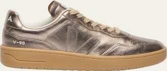 Veja V-90 Metallic Leather Low-Top Sneakers