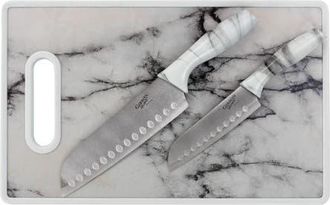 Gibson Home Beaumont 3 Piece Stainless Steel Santoku Knife Set with Cutting Board Marble in White at Nordstrom