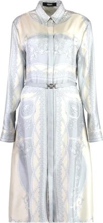 Versace Kleedjes, Dames, Grijs, L, Zijden overhemdjurk met La Coupe Des Dieux-print