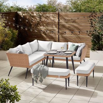 Furniturebox Seychelles 9 Seater Outdoor Garden Sofa Set - PE Rattan & Wood Effect Garden Sofa & Table - 5 Seater Corner Sofa, 2 benches, Garden